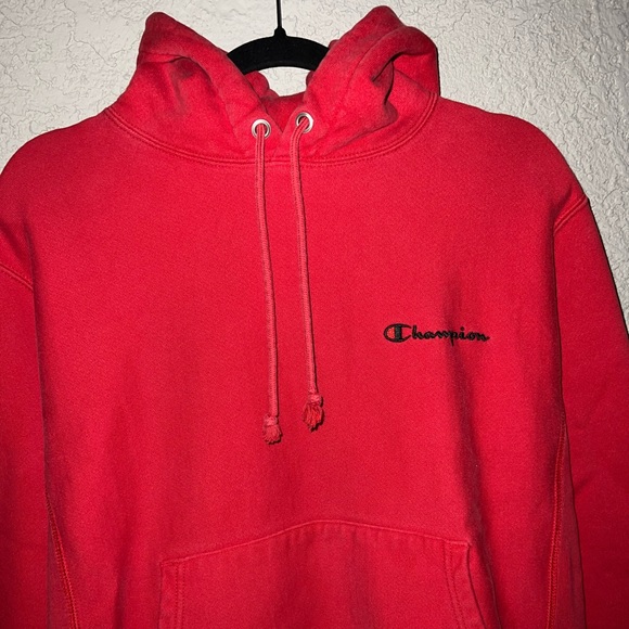 Champion Reverse Weave Pullover Hoodie Black Script Cotton Red Size Medium - Picture 3 of 6
